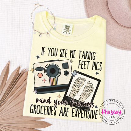 Banana tee with a retro camera and skeleton feet pics groceries joke