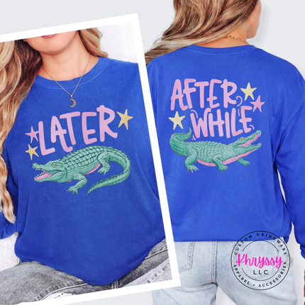 Fluorescent Blue long sleeve tee with a retro pastel Later alligator print
