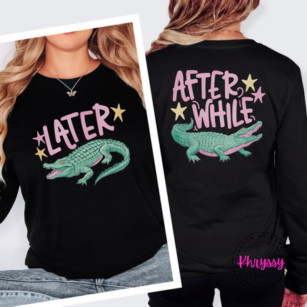 Black long sleeve tee with a retro pastel Later alligator print