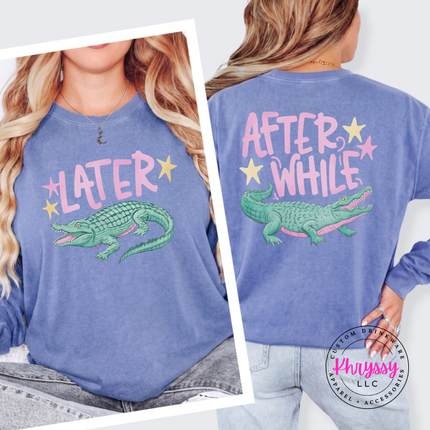 Blue Jean long sleeve tee with a retro pastel Later alligator print