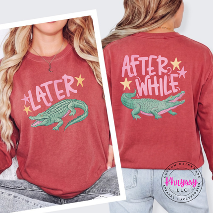 Crimson long sleeve tee with a retro pastel Later alligator print