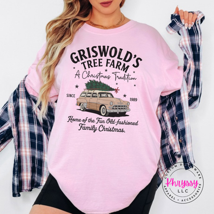 Old-Fashioned Family Christmas tee in Blossom with a vintage station wagon.