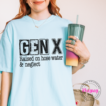 Chambray tee with distressed Gen X Raised on Hose Water and Neglect print