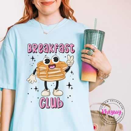 Flat lay of the Breakfast Club Pancake pancake stack tee in Chambray.