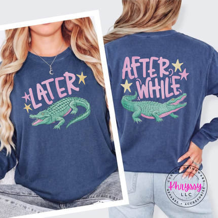 Denim long sleeve tee with a retro pastel Later alligator print