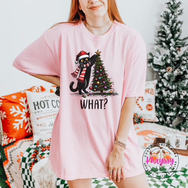Blossom Comfort Colors tee with the What Cat Christmas tree design.