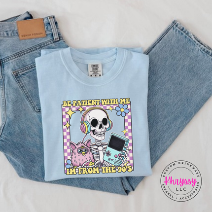 Close up of the retro skeleton art on a Chambray tee.