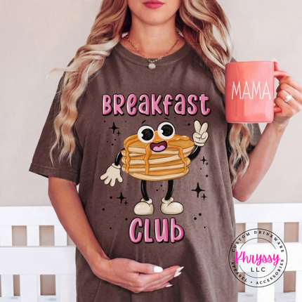 Espresso tee featuring a retro pancake stack with tiny legs and Breakfast Club lettering.