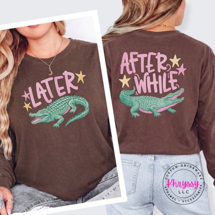 Espresso long sleeve tee with a retro pastel Later alligator print