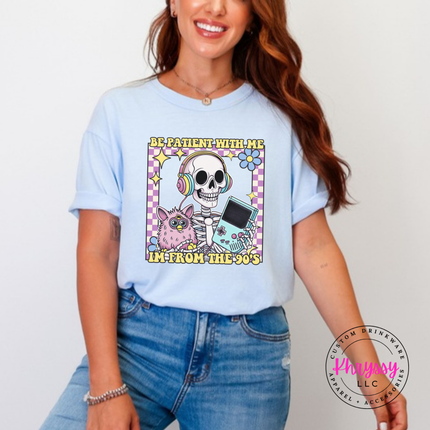 Close up of the retro skeleton art on a Hydrangea tee.