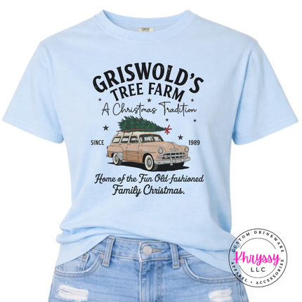 Old-Fashioned Family Christmas tee in Chambray with a vintage station wagon.