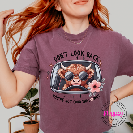 Berry tee with a highland cow in sunglasses and Don't Look Back print