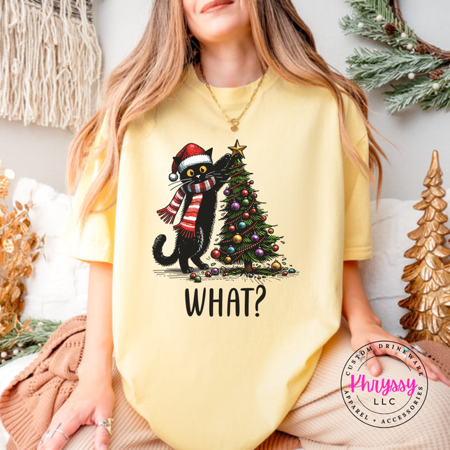 Butter Comfort Colors tee with the What Cat Christmas tree design.