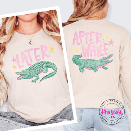 Ivory long sleeve tee with a retro pastel Later alligator print