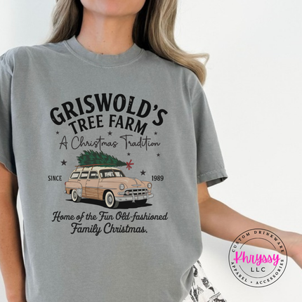 Old-Fashioned Family Christmas tee in Granite with a vintage station wagon.