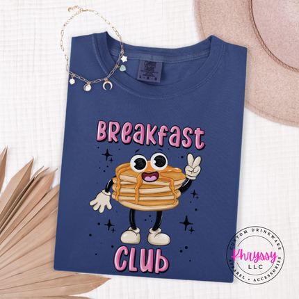 Close up of the pancake stack art on a Navy tee.