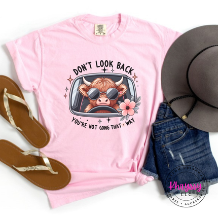 Blossom tee with a highland cow in sunglasses and Don't Look Back print