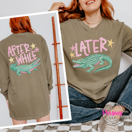 Khaki long sleeve tee with a retro pastel Later alligator print