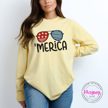 Butter long sleeve tee featuring flag-print aviator sunglasses and 'Merica lettering.