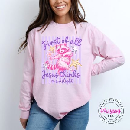 Blossom pink long sleeve tee with a pink raccoon and Jesus delight text