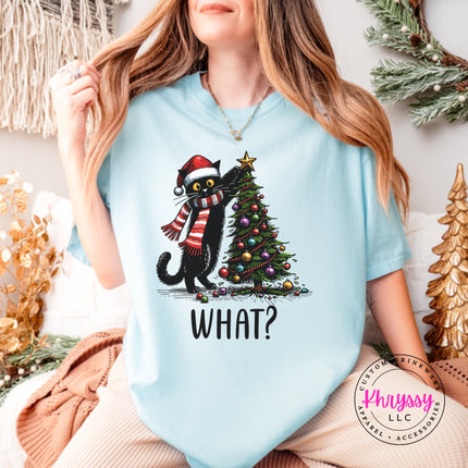 Chambray Comfort Colors tee with the What Cat Christmas tree design.