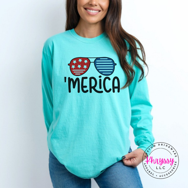 Model wearing the 'Merica Sunglasses long sleeve tee in Chalky Mint.