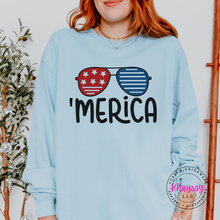 Close up of the sunglasses art on a Chambray long sleeve tee.