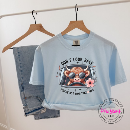 Chambray tee with a highland cow in sunglasses and Don't Look Back print