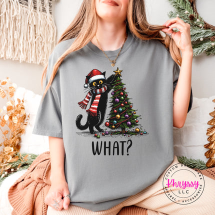 Grey Comfort Colors tee with the What Cat Christmas tree design.