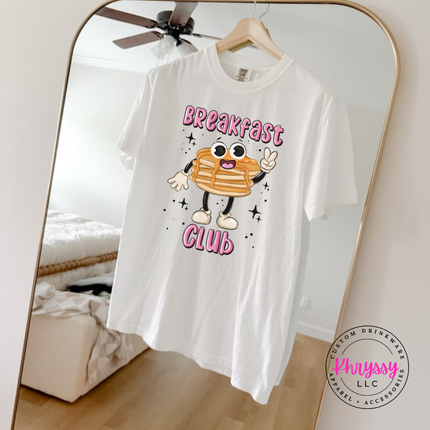 Flat lay of the Breakfast Club Pancake pancake stack tee in White.
