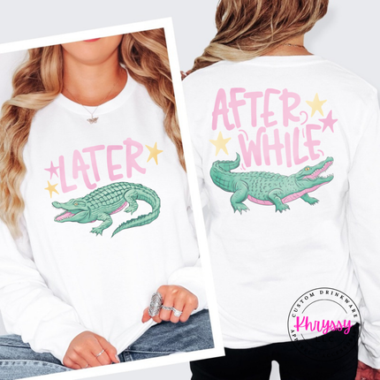 White long sleeve tee with a retro pastel Later alligator print