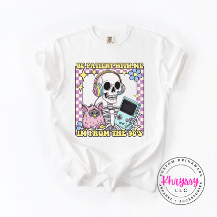 Close up of the retro skeleton art on a White tee.