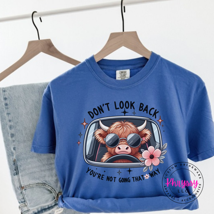 Fluorescent Blue tee with a highland cow in sunglasses and Don't Look Back print