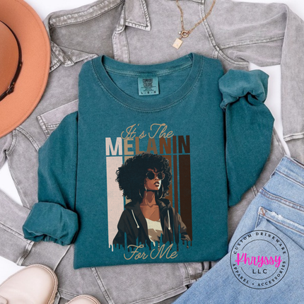 Blue Spruce long sleeve tee featuring an elegant Black woman illustration with gold script lettering