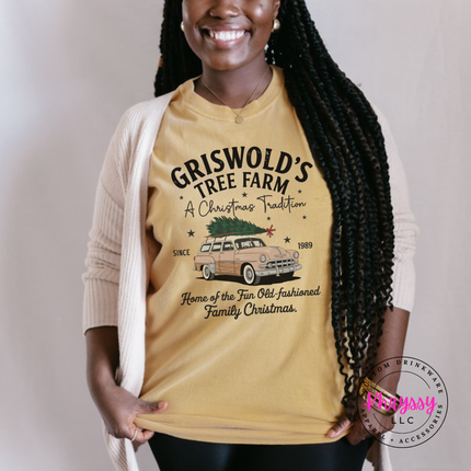 Old-Fashioned Family Christmas tee in Mustard with a vintage station wagon.