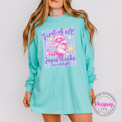 Chalky Mint long sleeve tee with a pink raccoon and a funny faith message