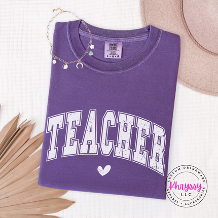 Grape Teacher varsity arch and heart print, offered on this long sleeve tee.
