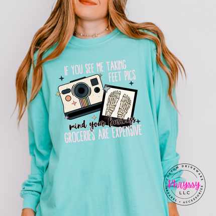 Chalky Mint long sleeve tee with a vintage Polaroid and feet pics humor