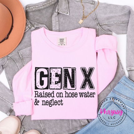 Blossom long sleeve tee with distressed Gen X Raised on Hose Water and Neglect print