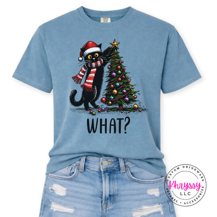 Ice Blue Comfort Colors tee with the What Cat Christmas tree design.