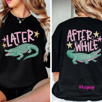 Black crewneck sweatshirt with a retro pastel Later alligator print
