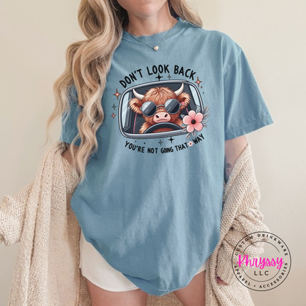 Ice Blue tee with a highland cow in sunglasses and Don't Look Back print