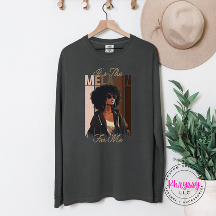 Graphite long sleeve tee featuring an elegant Black woman illustration with gold script lettering