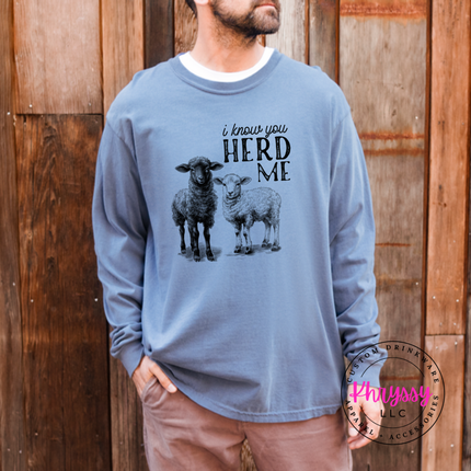 Blue Jean long sleeve tee with two sheep and the words i know you herd me
