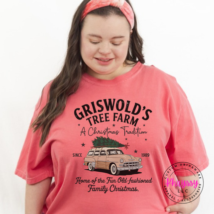 Old-Fashioned Family Christmas tee in Watermelon with a vintage station wagon.