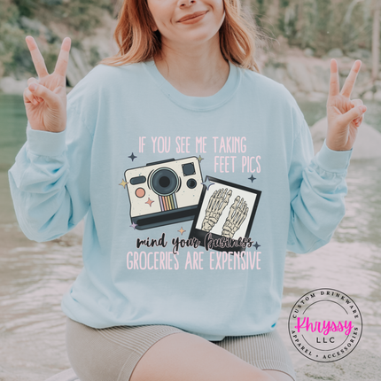 Chambray long sleeve tee with a funny feet pics groceries are expensive design