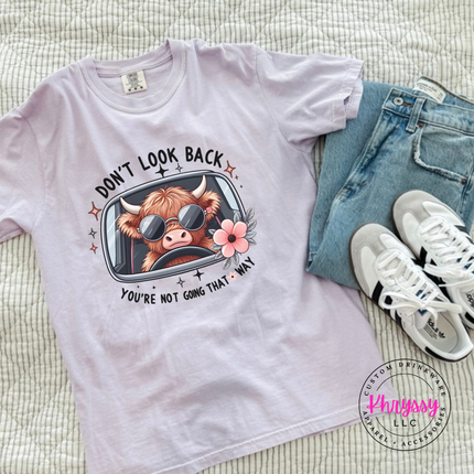 Orchid tee with a highland cow in sunglasses and Don't Look Back print