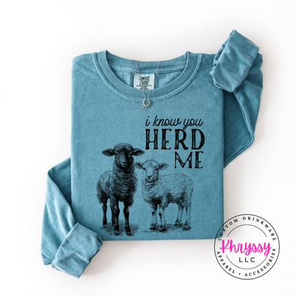 Ice Blue long sleeve tee with two sheep and the words i know you herd me