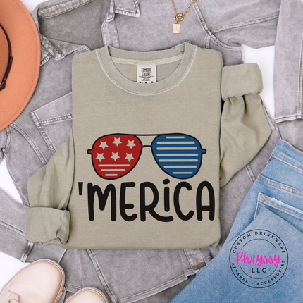Model wearing the 'Merica Sunglasses long sleeve tee in Khaki.