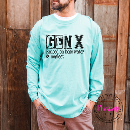 Chalky Mint long sleeve tee with distressed Gen X Raised on Hose Water and Neglect print